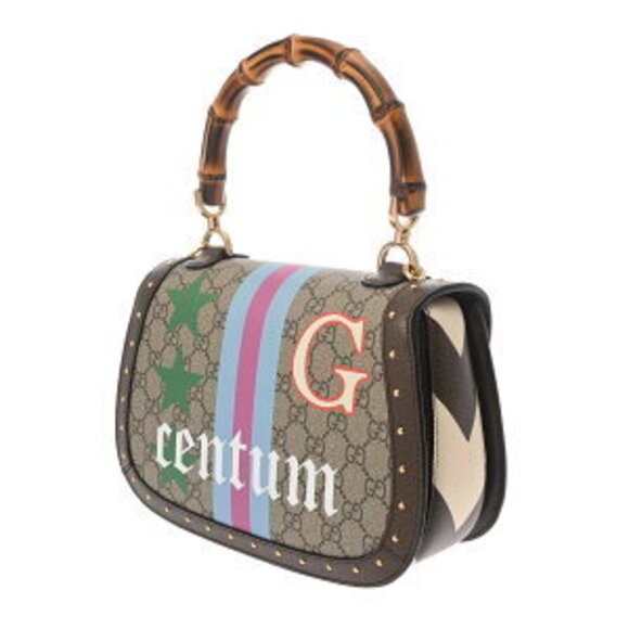 Gucci Handbag Bamboo Beige Ebony Brown GG Supreme Leather Bag - Picture 2 of 10